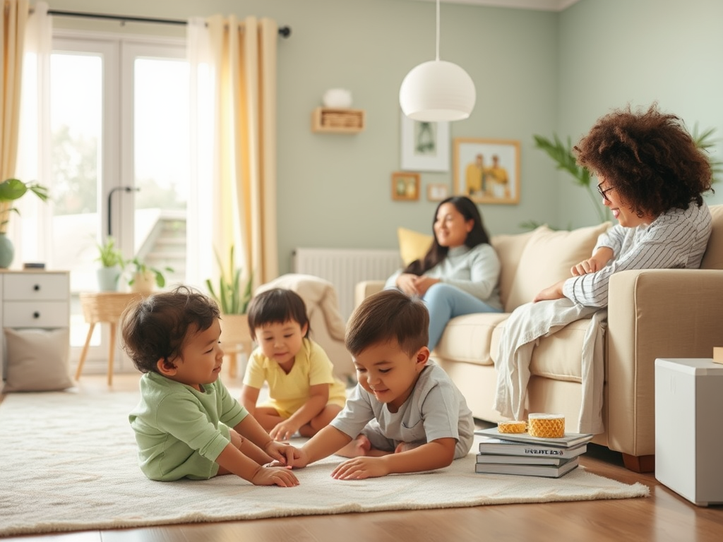 Two young children play on a rug in a cozy living room, while two adults relax on a sofa nearby.