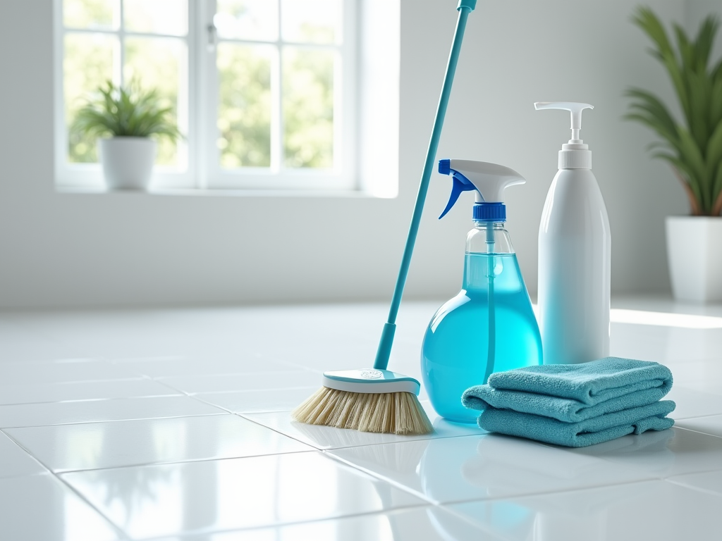 Cleaning supplies on a shiny tiled floor in a bright room, including a broom, spray bottles, and cloths.