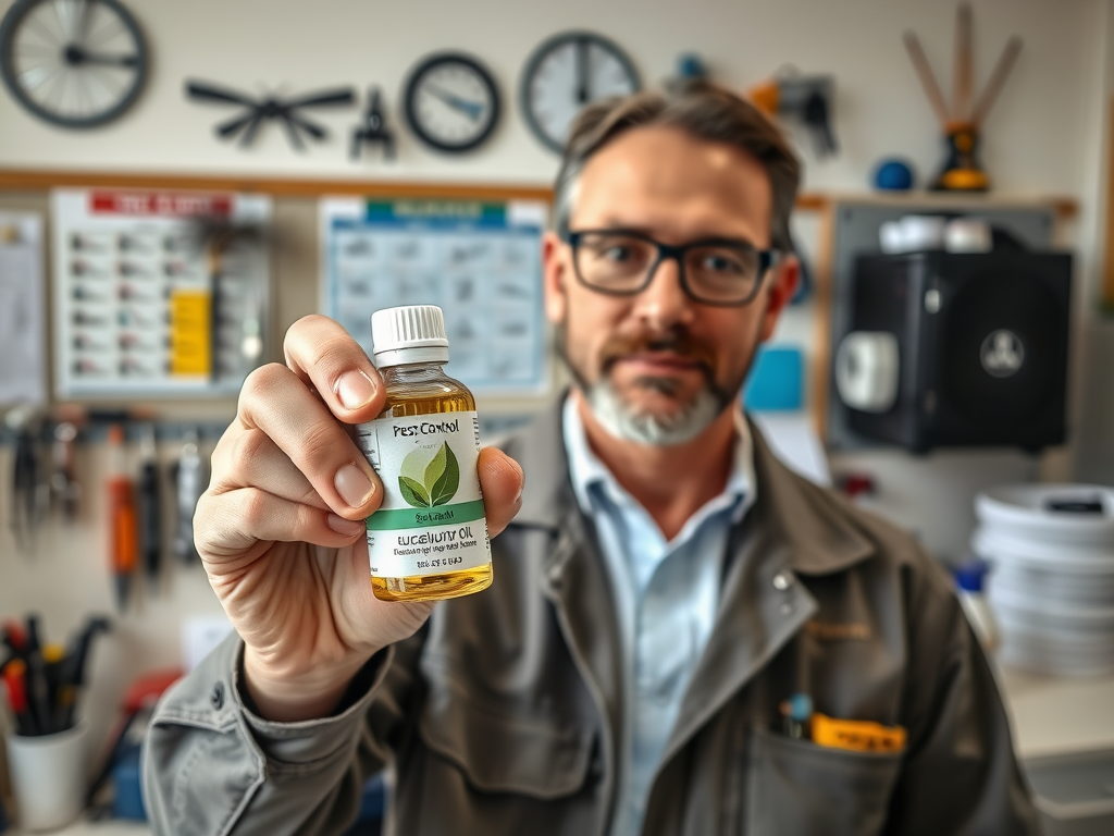 A man holds a bottle of eucalyptus oil in a workshop, with various tools and clocks in the background.