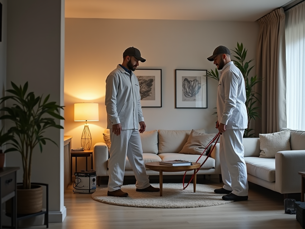 Two men in white coveralls and caps inspecting a living room, one holding a pest control sprayer.