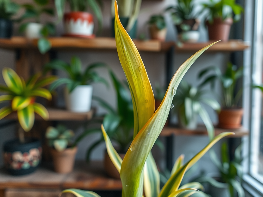 A close-up of a green plant with yellow edges and water droplets, surrounded by various other potted plants on shelves.