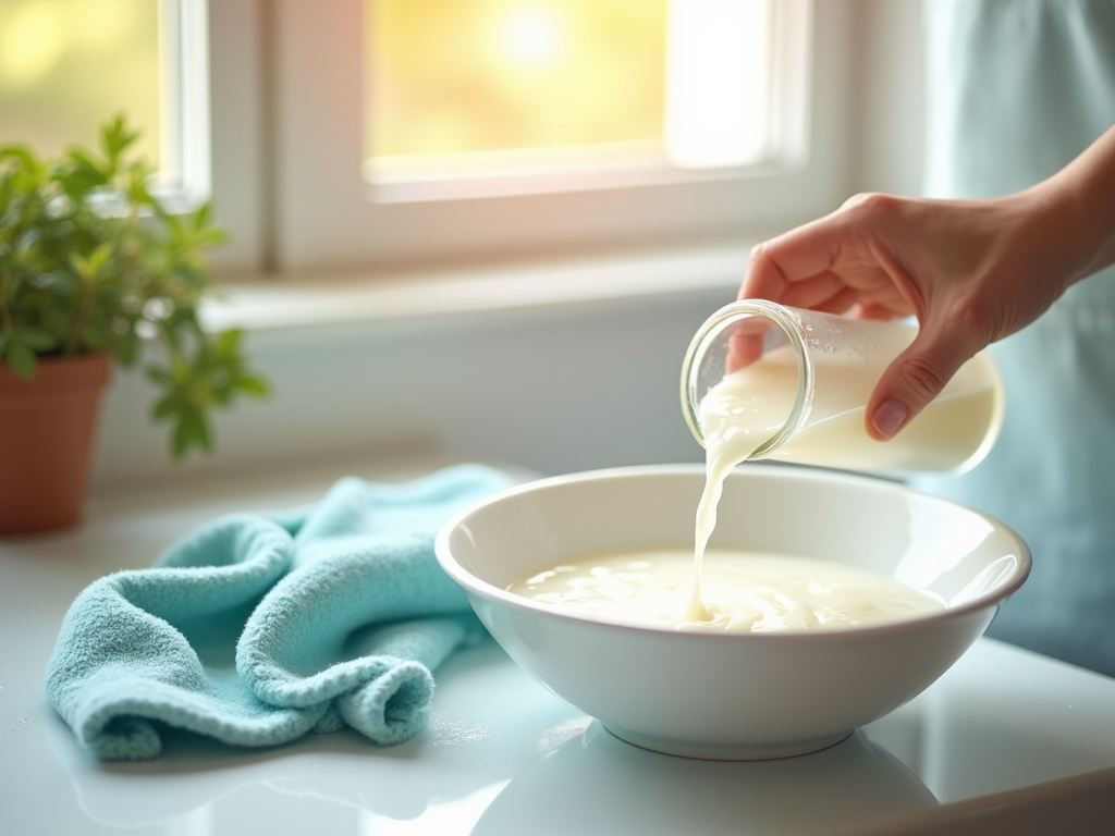 Person pouring milk into a bowl by a sunny window, with a plant and blue towel nearby.