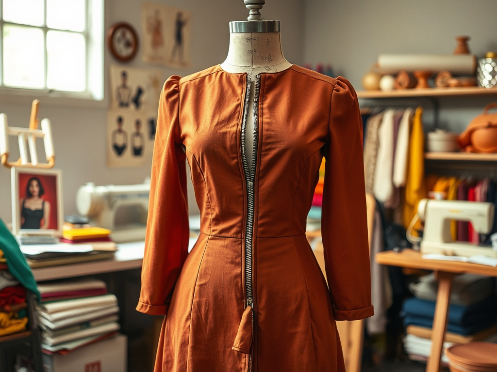 A stylish orange dress on a mannequin in a cozy sewing studio filled with colorful fabrics and supplies.