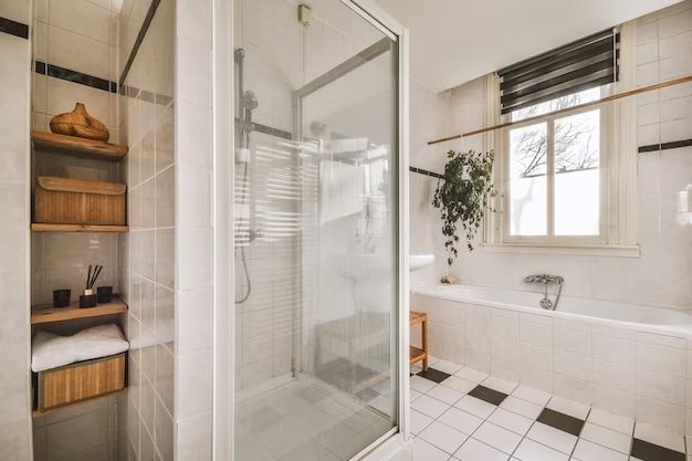 Small bathroom bathtub shower combo with glass doors and mosaic tiles