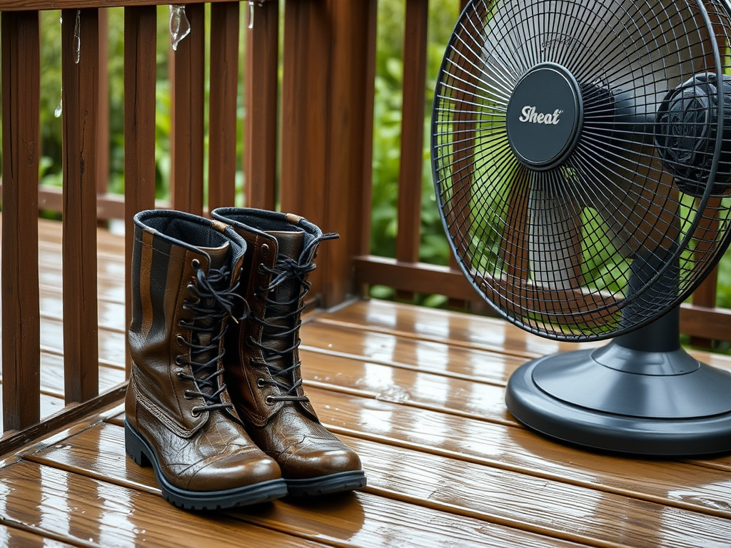 A pair of brown lace-up boots sits on a wooden deck next to a standing fan, with greenery in the background.