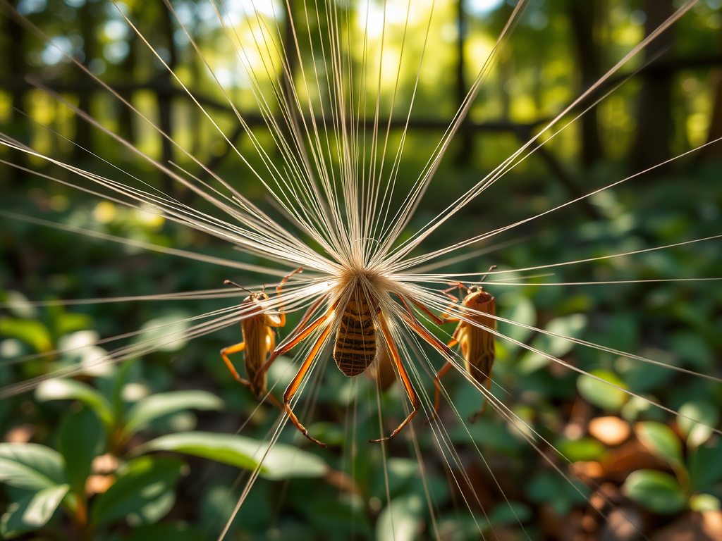 A close-up of a bug entangled in delicate spider silk threads surrounded by greenery and soft sunlight.
