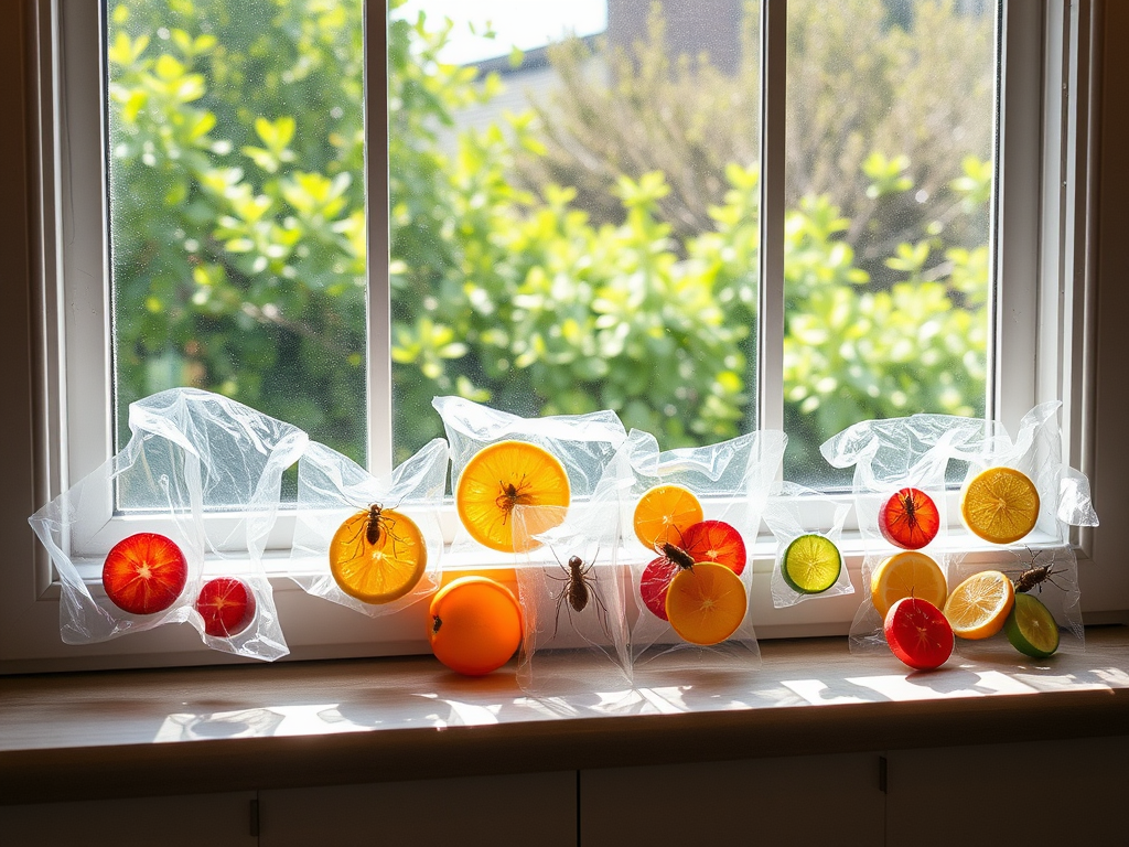 Colorful fruit slices in clear bags are arranged on a windowsill, with green plants visible outside.