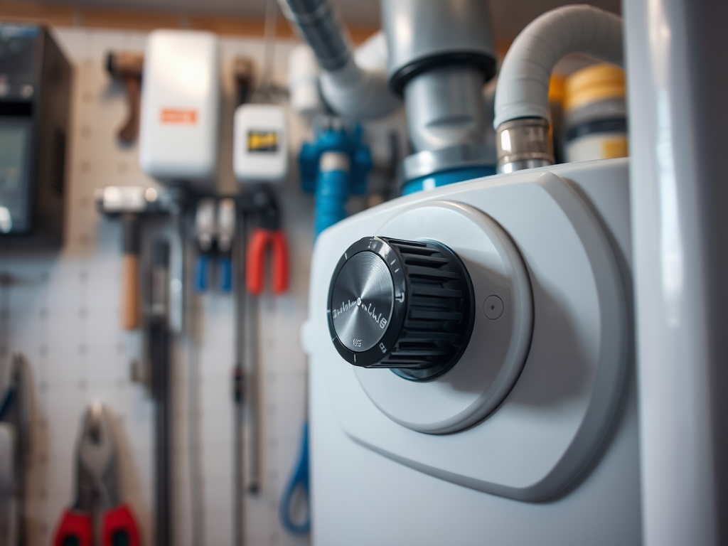 Close-up of a control dial on a white machine, with tools hanging on a pegboard in the background.