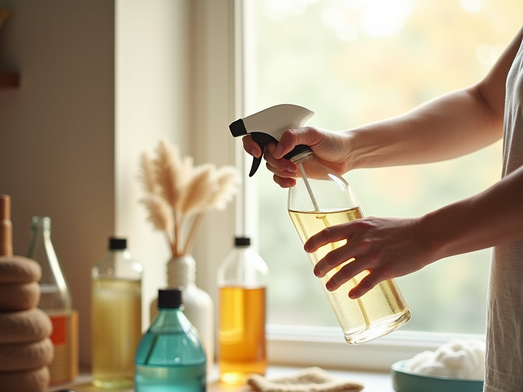 Person holding a spray bottle next to window, cleaning supplies in background.