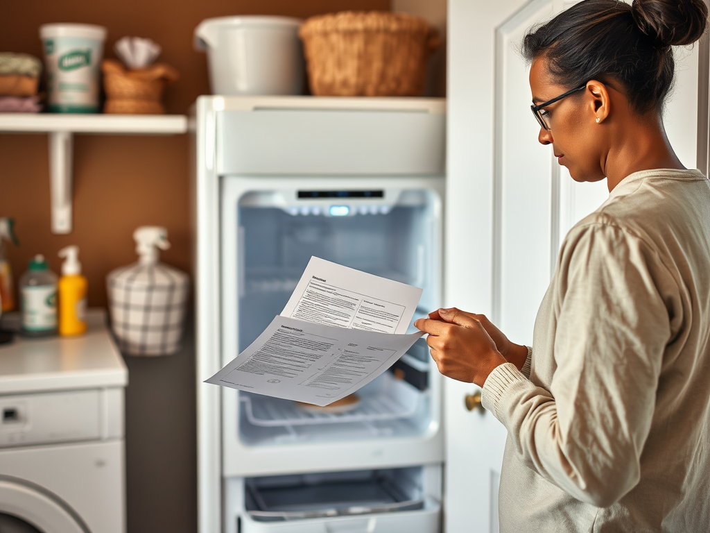 A woman in a light sweater examines paperwork in front of an open refrigerator, amidst a laundry area.