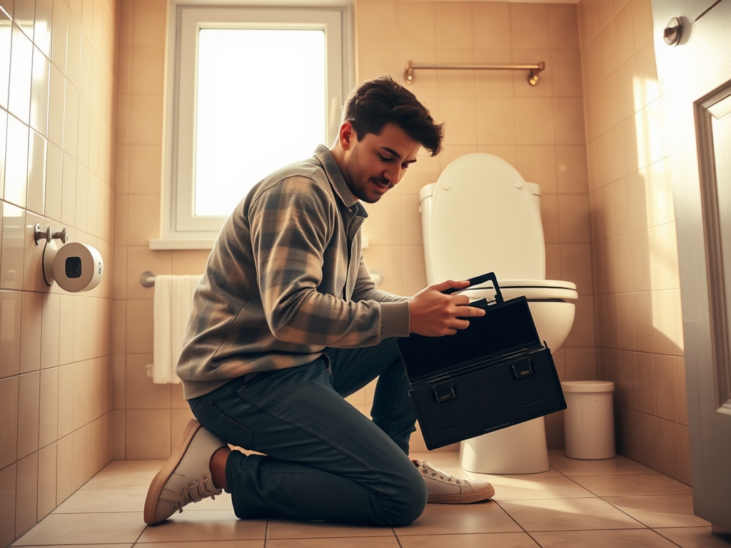 A young man kneels on the bathroom floor, examining tools in a black toolbox near a toilet.