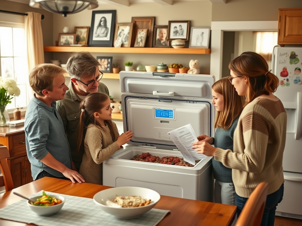 A family gathers around a freezer, examining contents and a document, surrounded by a cozy kitchen setting.