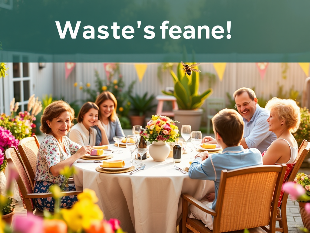 A joyful outdoor meal with six people around a table, surrounded by flowers and vibrant decorations.
