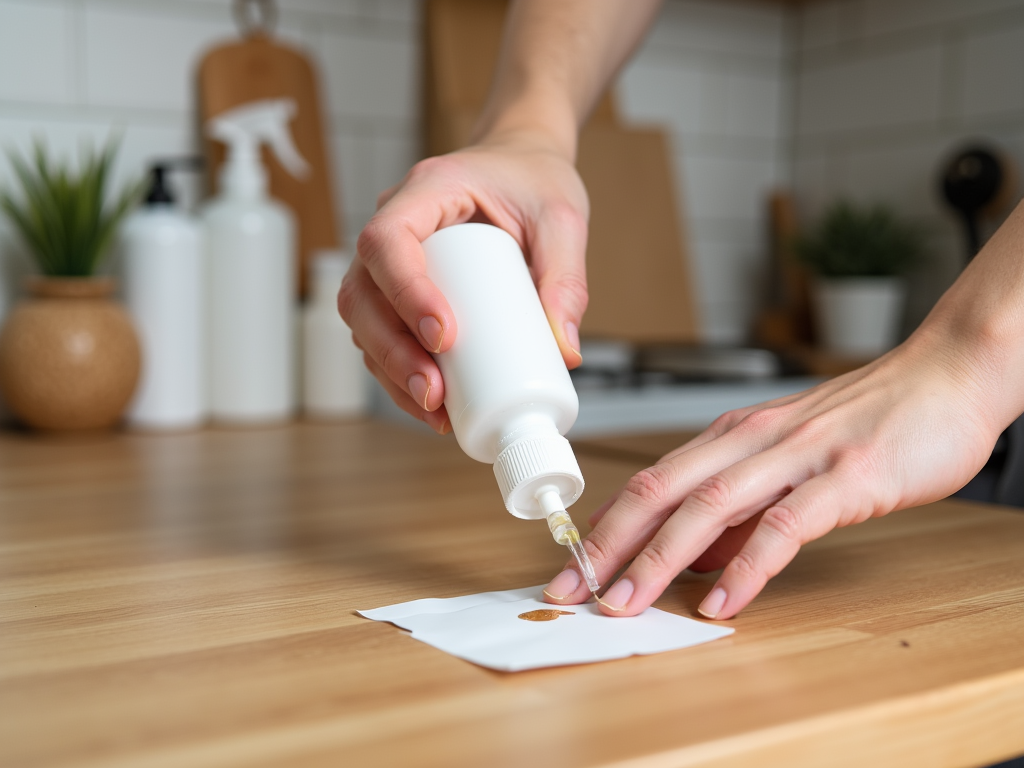 Person squeezing a tube onto a piece of paper on a wooden kitchen counter.