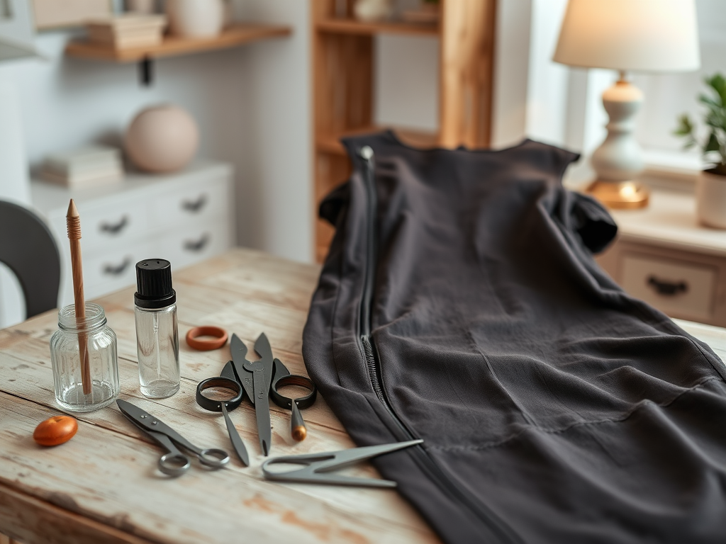 A black garment on a table with scissors, a pen, bottles, and other sewing tools arranged nearby.