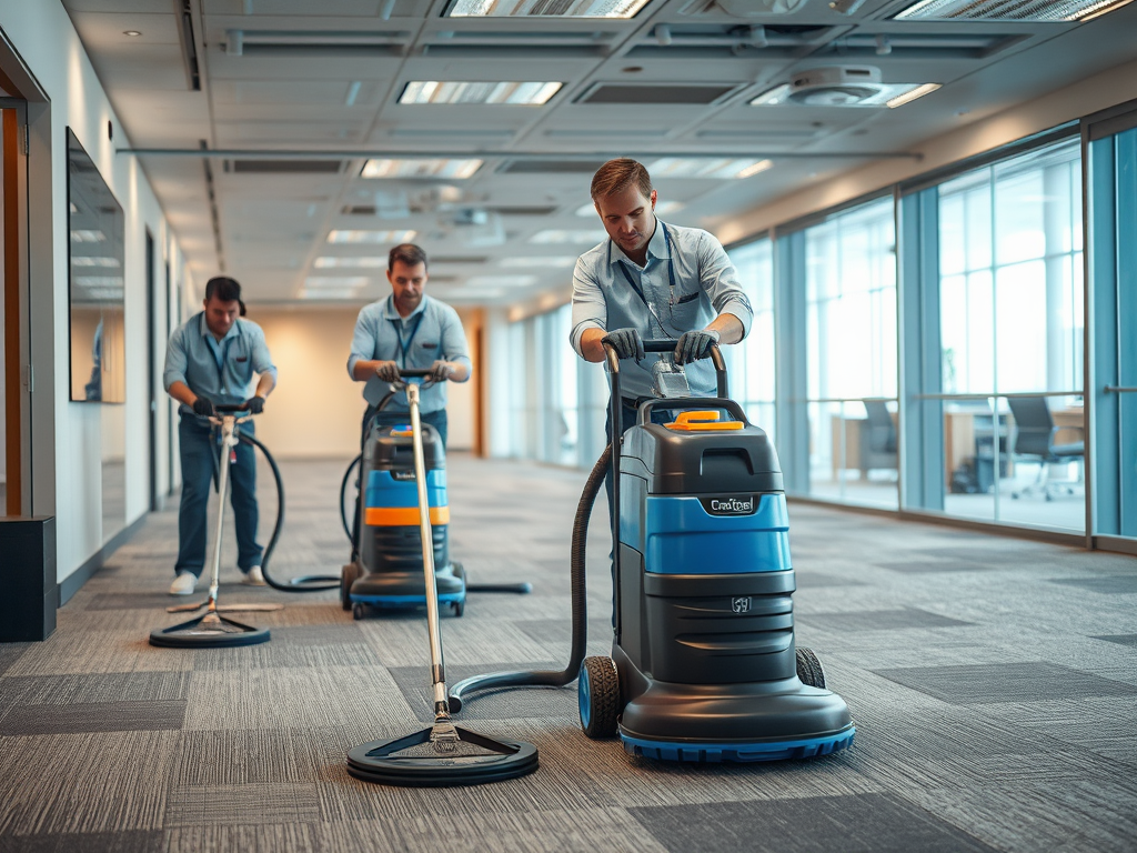 Three professionals clean an office hallway using industrial vacuum cleaners, maintaining a tidy workspace.