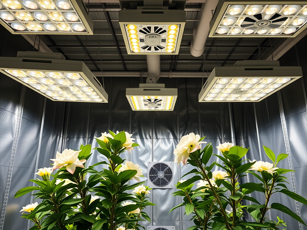 A view of a well-lit indoor garden with flowering plants under bright LED lights and a fan in the background.