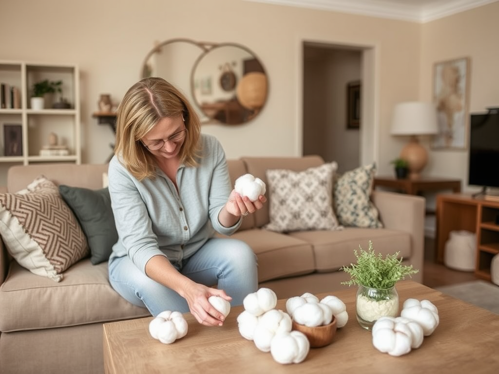 A woman examines cotton decorations on a coffee table in a cozy living room with soft furnishings.