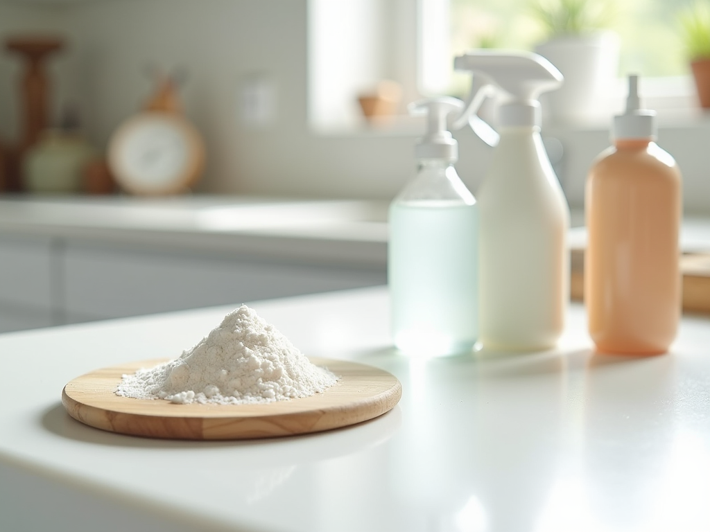 A mound of powder on a wooden dish, with clear and orange bottles on a white kitchen counter.