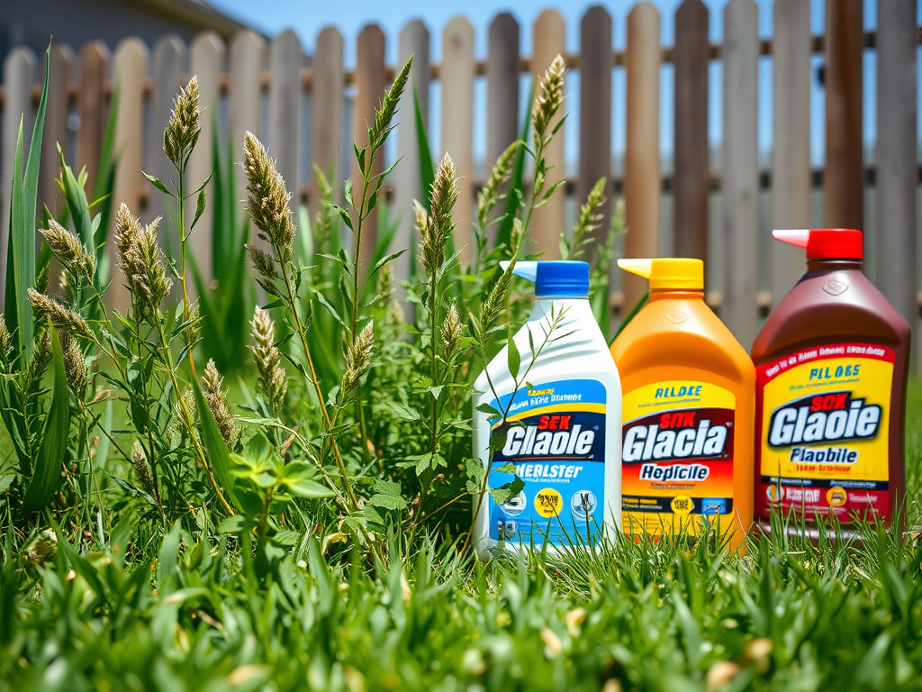 Three bottles of cleaning products on green grass in a garden, with a wooden fence in the background.