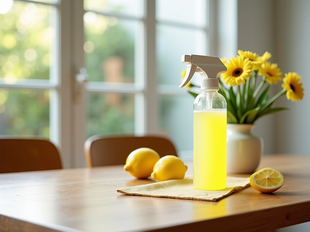 Spray bottle with yellow cleaner on a table, with fresh lemons and yellow flowers in background.