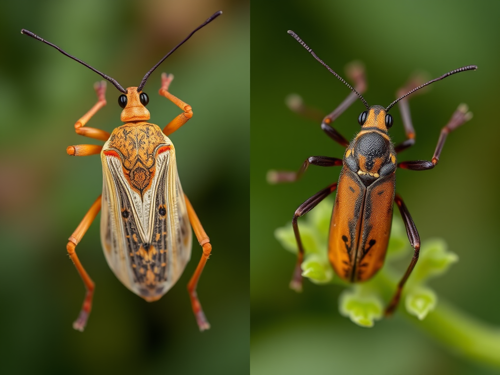 A close-up of two colorful insects, showcasing their distinct patterns and textures against a blurred green background.