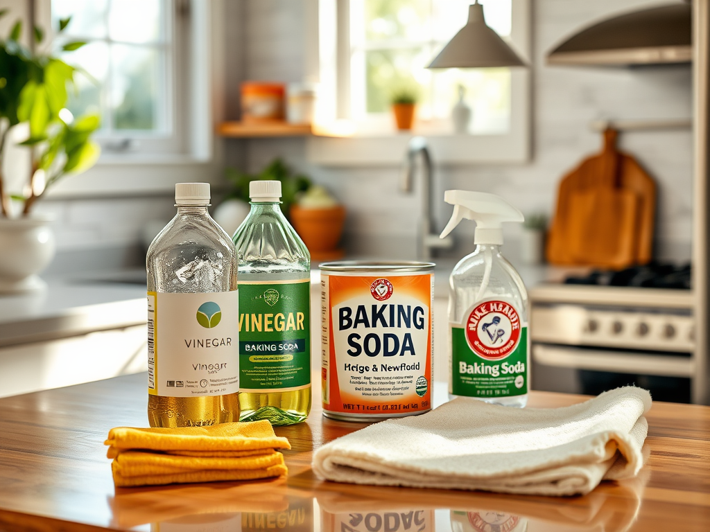 Four cleaning items displayed on a countertop: vinegar bottles, baking soda can, and cleaning cloths in a cozy kitchen.