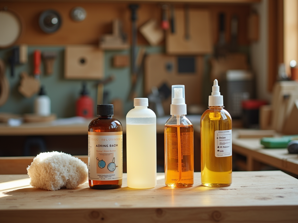 Four bottles of liquid and a natural sponge on a woodworking bench.