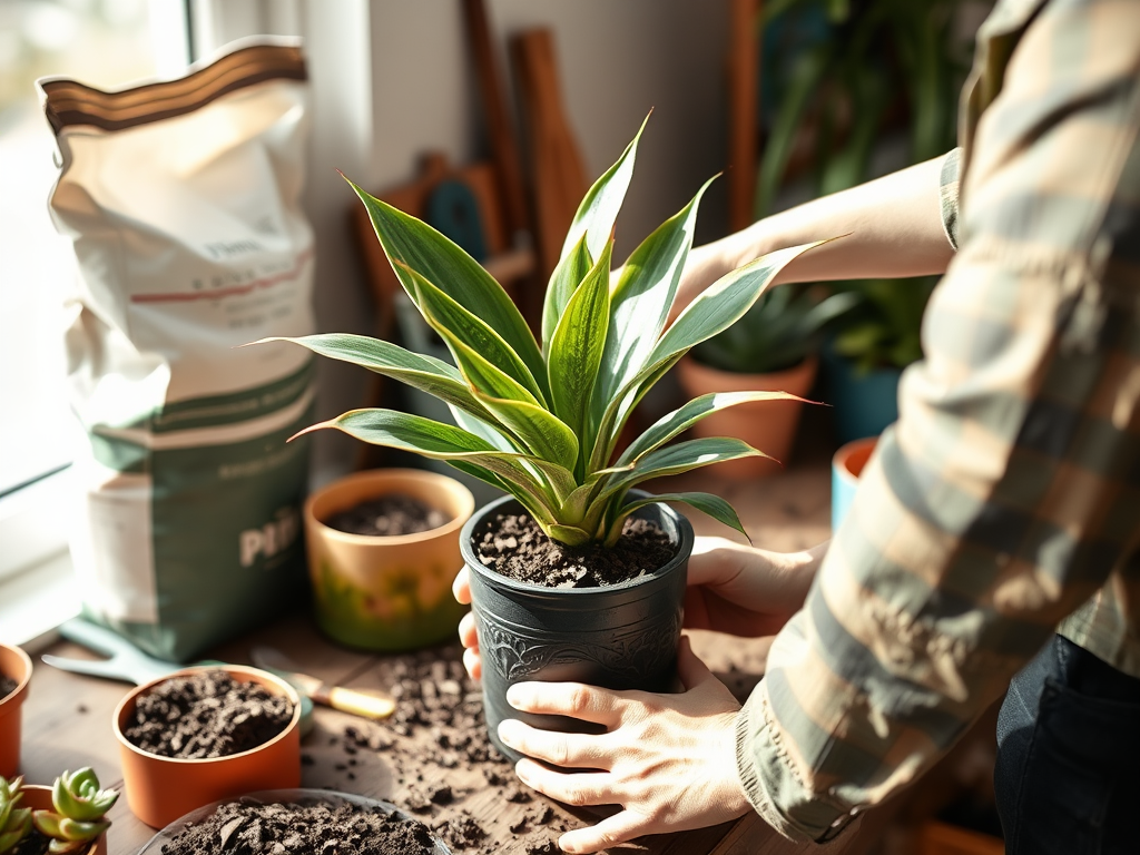 A person holds a potted plant, surrounded by various pots and soil, in a sunlit indoor gardening space.