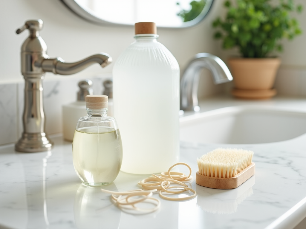 Eco-friendly bathroom products on a marble countertop with plants and a stylish faucet.