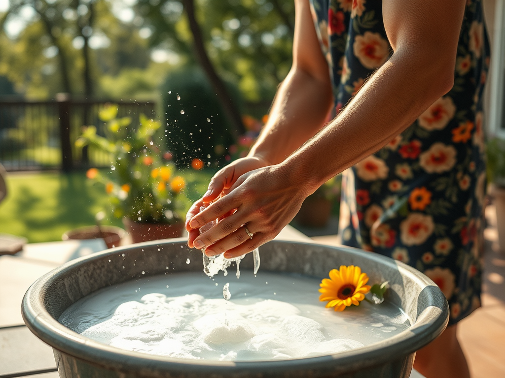 A person washes their hands in soapy water with a sunflower nearby, surrounded by a sunny outdoor setting.