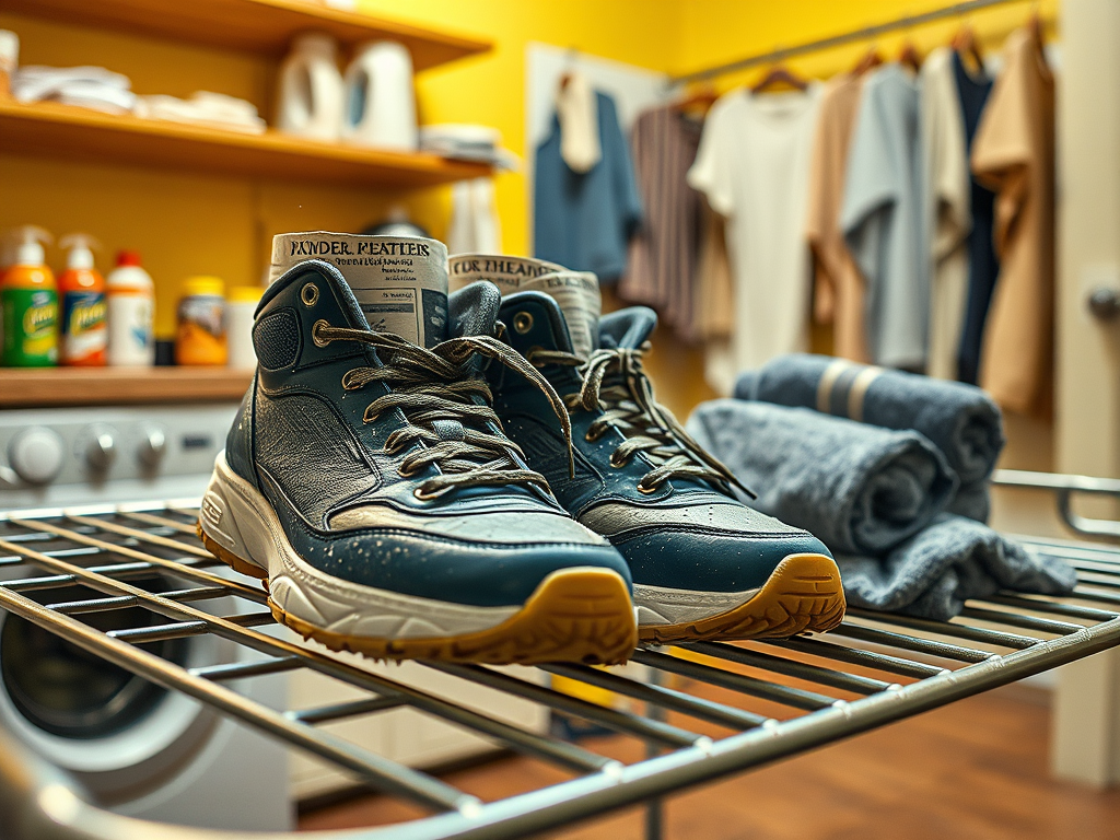 A pair of dark blue sneakers on a drying rack, with laundry and cleaning supplies in a bright room background.