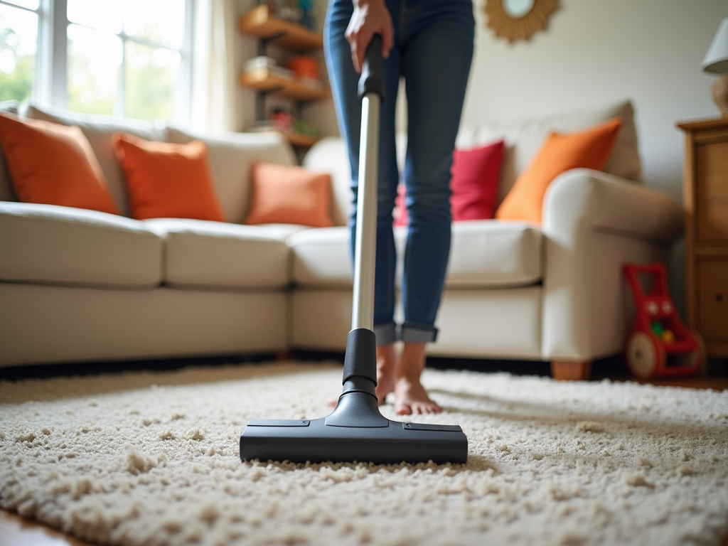 Person vacuuming a carpet in a cozy living room setup