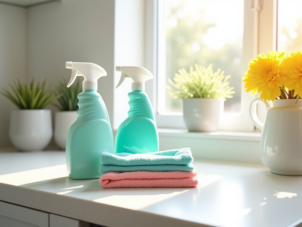 Two teal spray bottles and stacked towels on a kitchen counter by a sunny window with flowers.