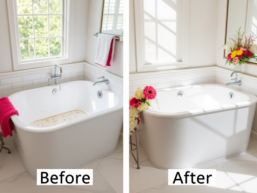 A before-and-after comparison of a bathtub showing a cleaned and refreshed appearance on the right.