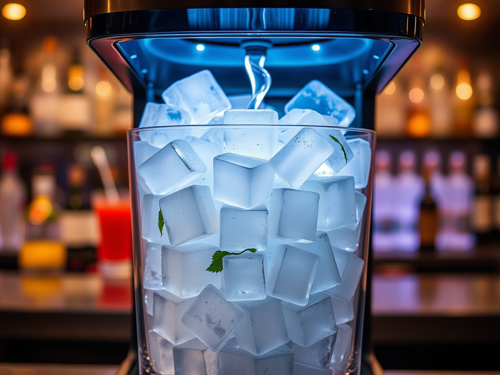 A clear glass filled with ice cubes, illuminated by a blue light, set against a blurred bar background.