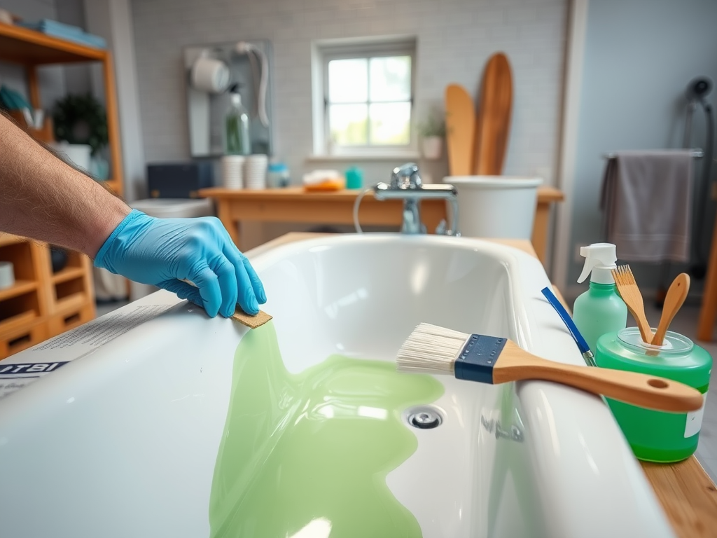 A person wearing blue gloves scrubs a bathtub with a sponge, surrounded by cleaning supplies and tools.