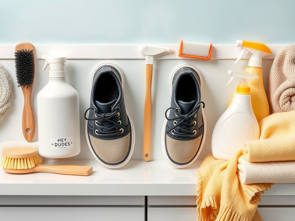 A neatly organized shelf featuring sneakers, cleaning supplies, brushes, and towels in various colors.