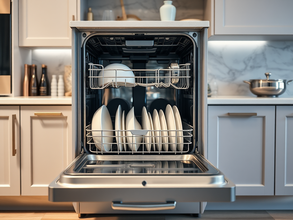 A modern dishwasher with clean dishes stacked neatly inside, located in a stylish kitchen setting.