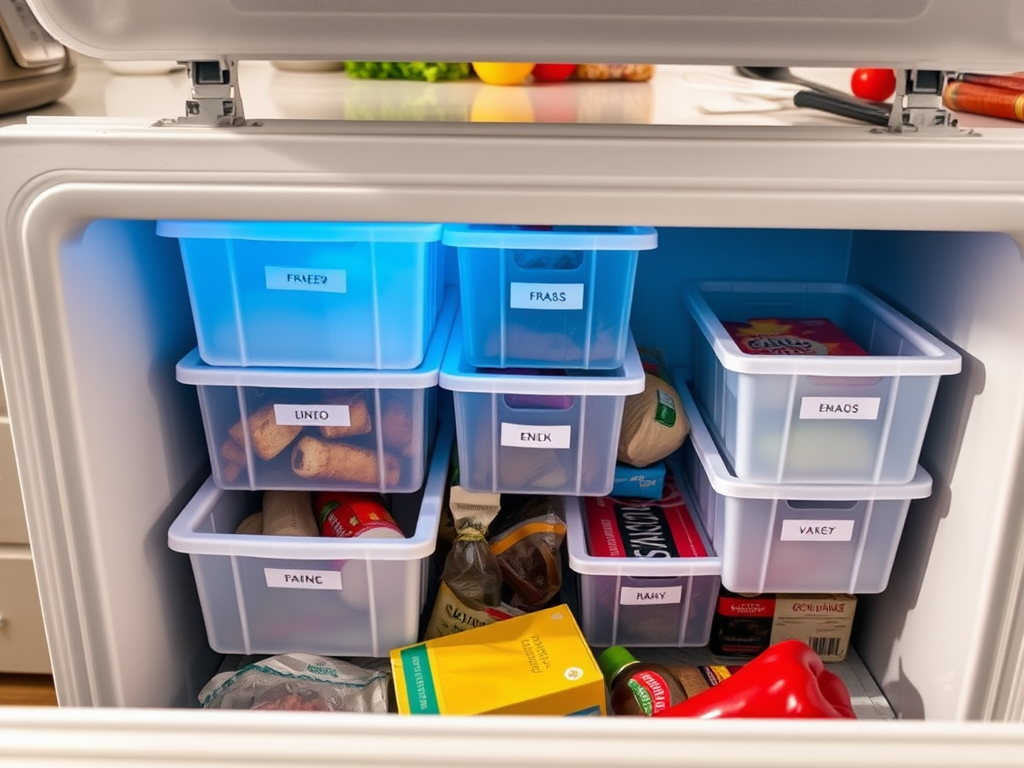 A well-organized freezer with labeled containers for different food items, showcasing a variety of frozen goods.