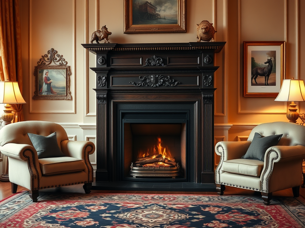 A cozy living room featuring a fireplace, two armchairs, elegant decor, and warm lighting.