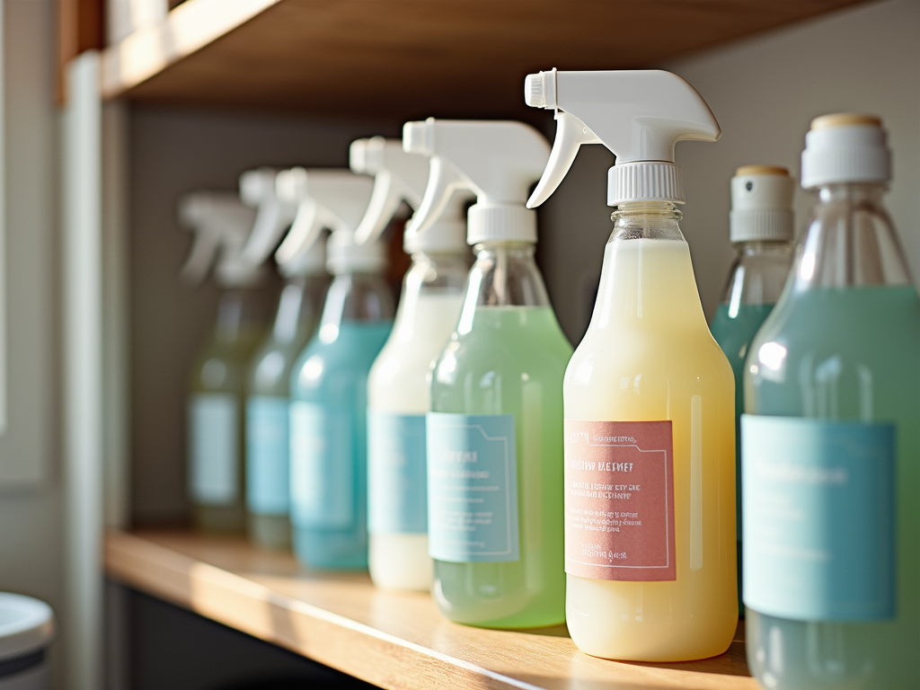 Colorful cleaning spray bottles aligned on a shelf, with labels facing forward.