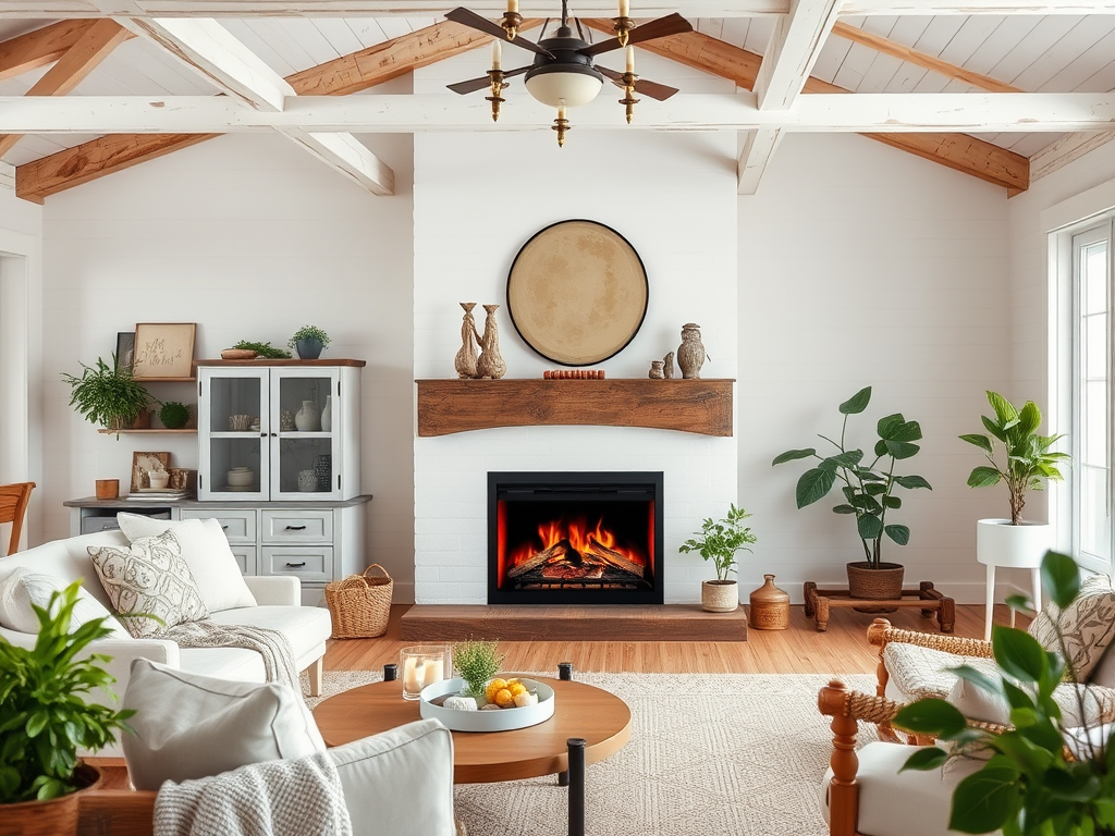 Cozy living room with a fireplace, plants, and modern decor in warm tones and natural materials.