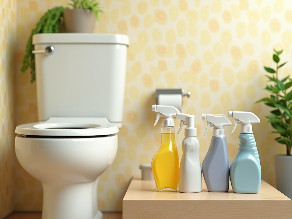 Bathroom with a white toilet and colorful cleaning sprays on a wooden shelf, yellow wallpaper.