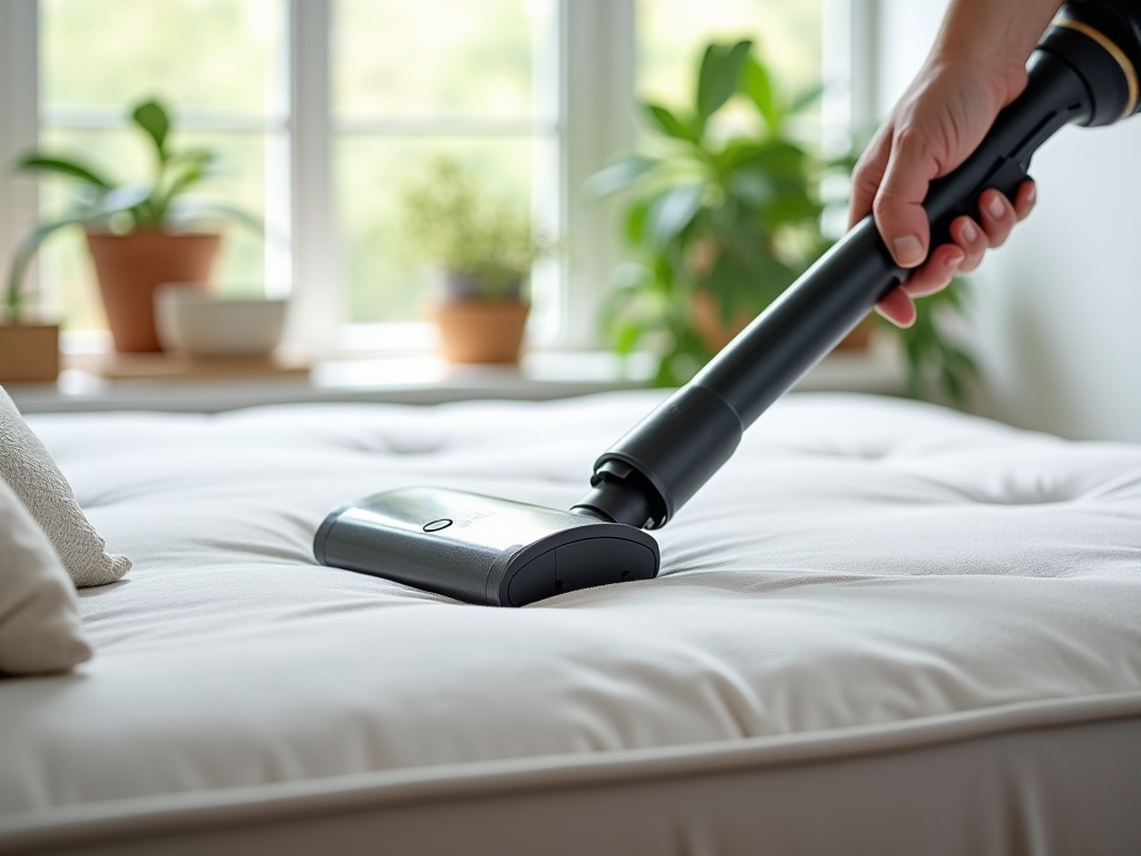 Person using a handheld vacuum cleaner on a white bed with potted plants in sunny background.