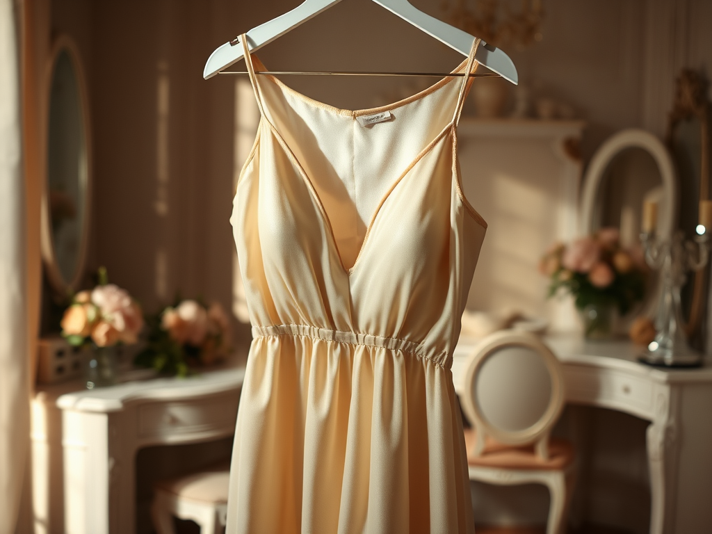 A light yellow dress hangs on a hanger in a softly lit room with a vanity and floral arrangements in the background.