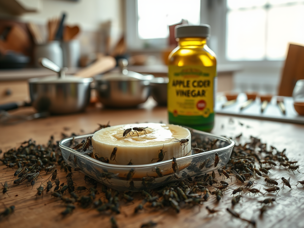 A glass dish with a yellow substance surrounded by many insects, next to a bottle of apple cider vinegar on a kitchen counter.