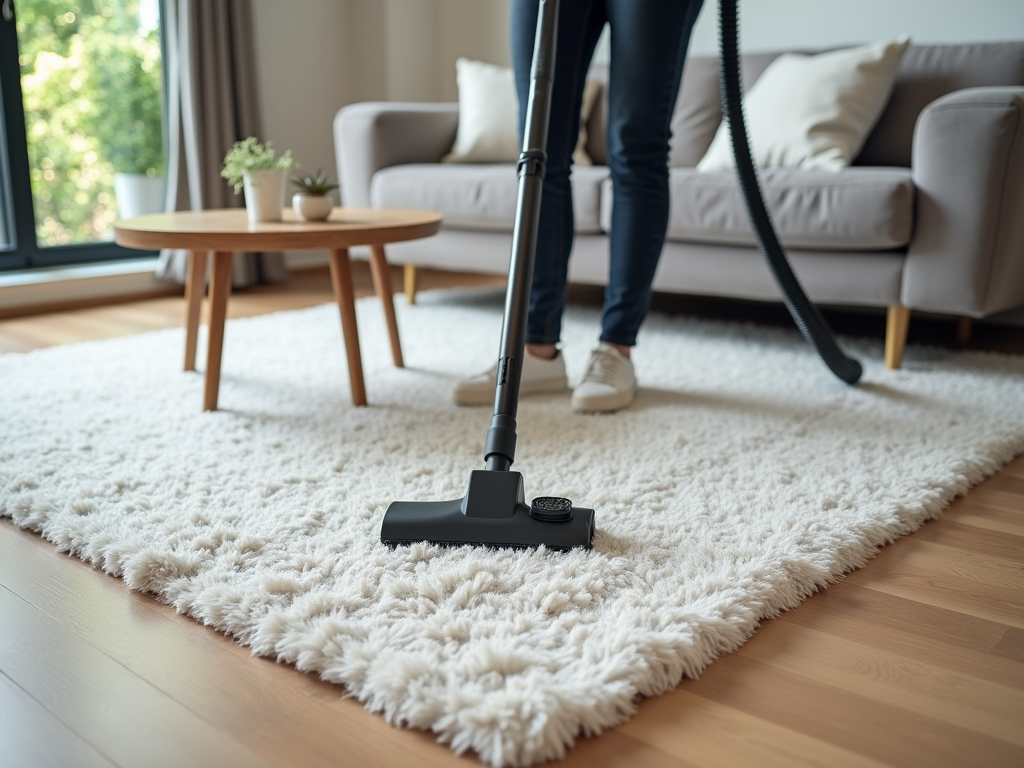 Person vacuuming a fluffy white carpet in a well-lit, cozy living room.