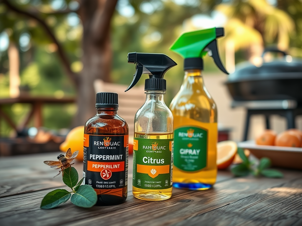 Three bottles of essential oils in a natural setting: peppermint, citrus, and a yellow citrus blend.