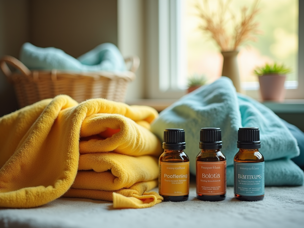 Three essential oil bottles in front of a cozy backdrop with yellow and blue towels and plants.